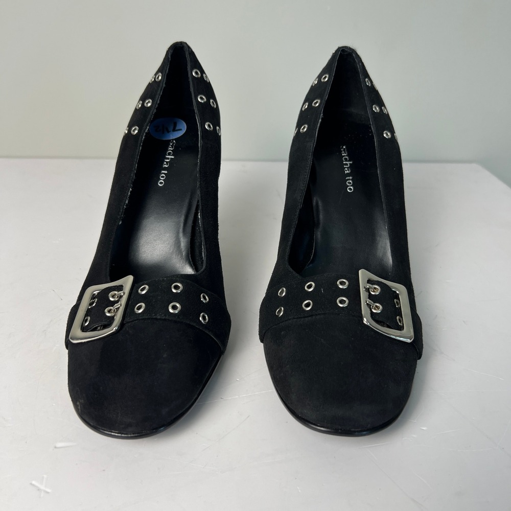 Sacha Too Buckle Grommet Pumps Womens 7.5 Black Suede Stiletto Edgy Chic